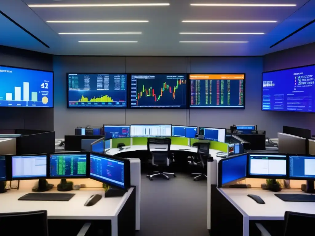 Traders en sala de operaciones Estrategias de inversión activa en una sala de trading moderna y dinámica, llena de traders analizando datos financieros en tiempo real