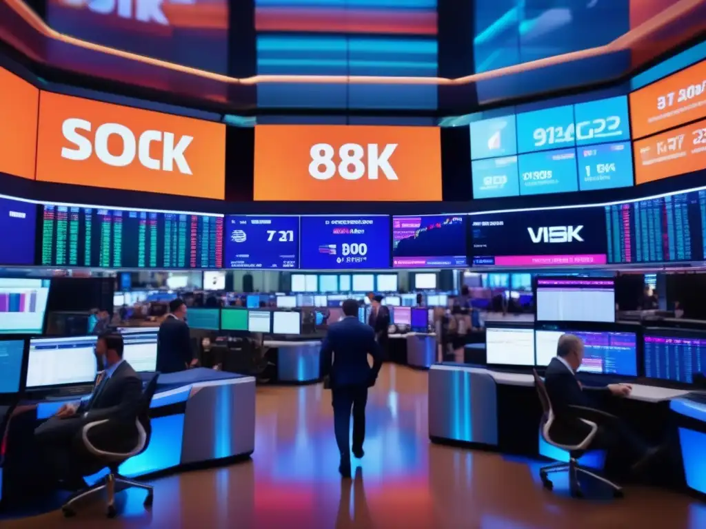 Piso de bolsa vibrante con traders y tecnología moderna Estrategias de inversión activa en volatilidad en la bolsa