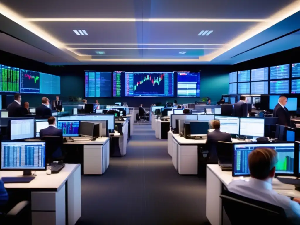 Sala de trading financiero moderna y activa Estrategias inversión activa en volatilidad: trading floor moderno, traders analizando datos y gráficos en monitores, ambiente profesional