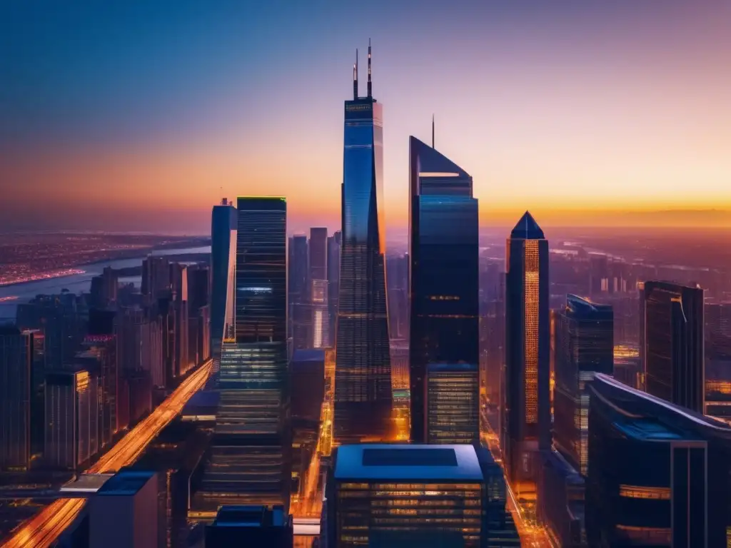 Ciudad moderna iluminada con rascacielos Estrategias de inversión activa en volatilidad: Ciudad moderna en crecimiento, con rascacielos futuristas y energía financiera