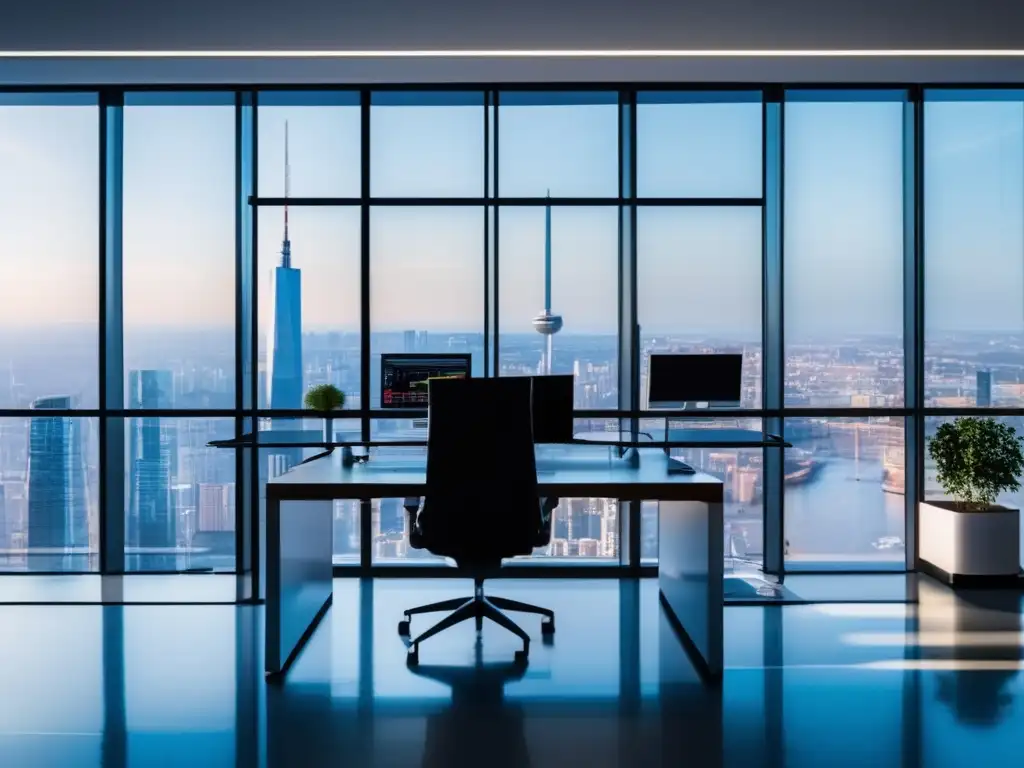 Oficina moderna con vista a la ciudad Estrategias de inversión activa en volatilidad: oficina moderna con vista a la ciudad, mobiliario minimalista, tecnología y análisis de datos