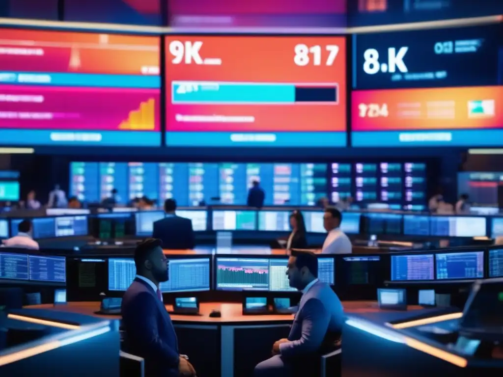 Intenso comercio en moderna bolsa Estrategias de inversión en bolsa en un bullicioso mercado bursátil con traders y tecnología avanzada