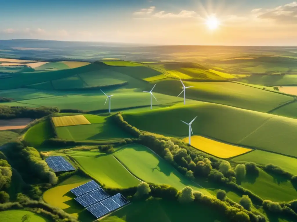 Paisaje verde sostenible con energías renovables Estrategias de inversión con bonos verdes: paisaje verde, energías renovables, armonía y progreso