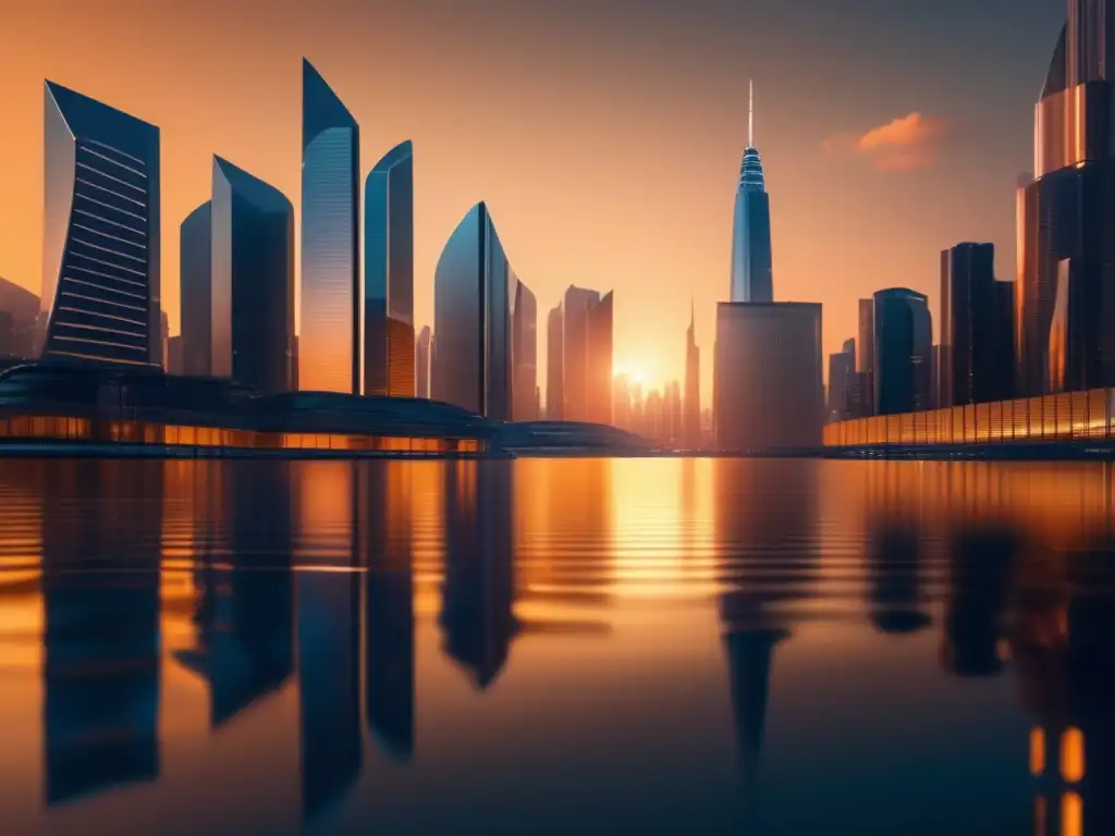 Ciudad futurista en atardecer Estrategias de inversión con IA en una ciudad futurista al atardecer con rascacielos y tecnología holográfica