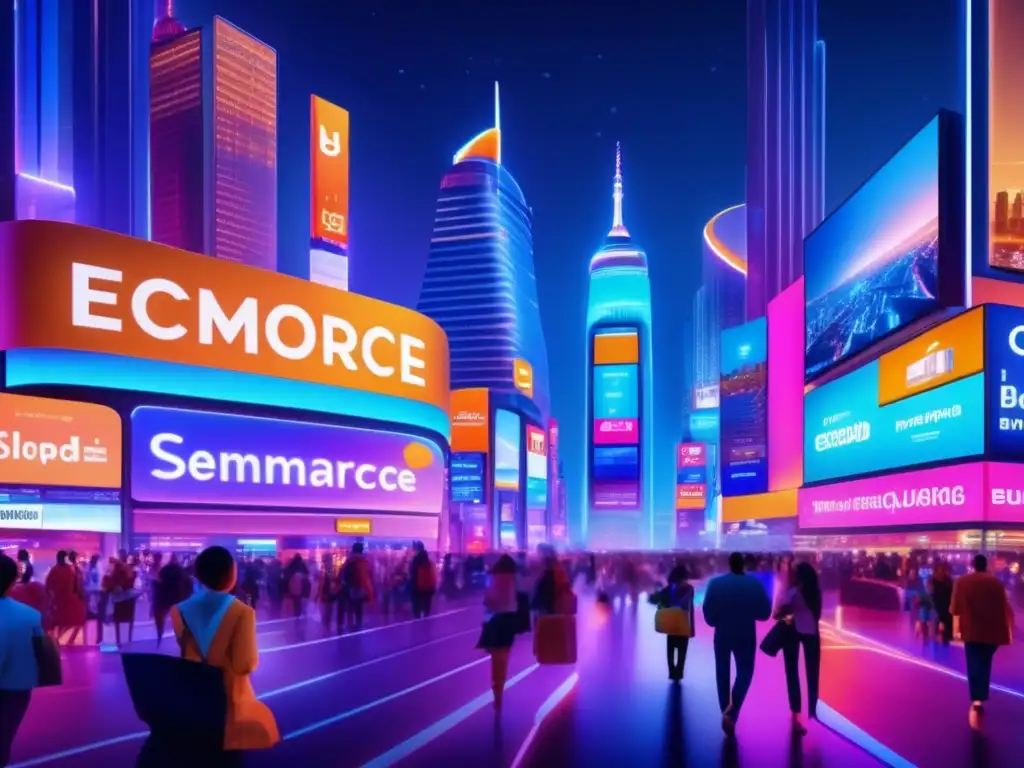 Ciudad nocturna con rascacielos y comercio electrónico Estrategias de inversión en comercio electrónico: Ciudad nocturna vibrante con rascacielos, luces de neón y compradores en línea