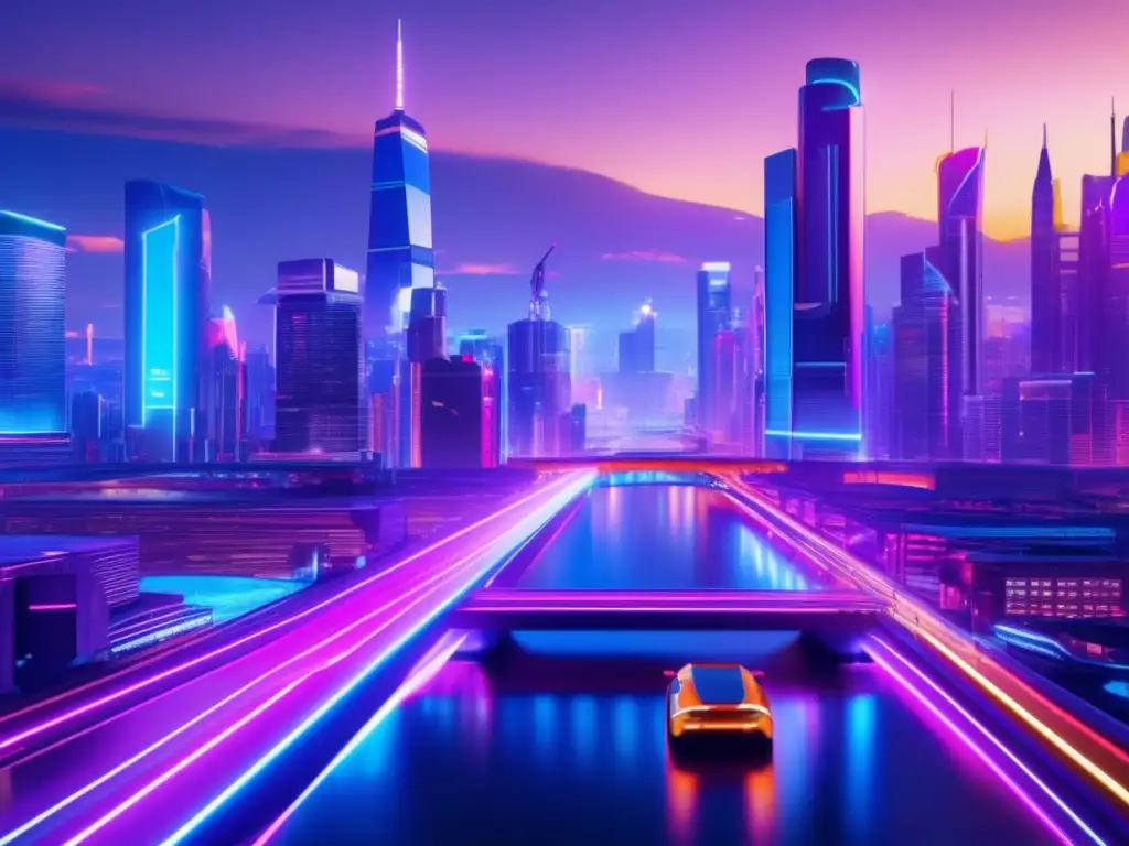 Ciudad futurista con rascacielos y luces neon Estrategias de inversión en comercio electrónico en una ciudad futurista y vibrante con seguridad y tecnología avanzada