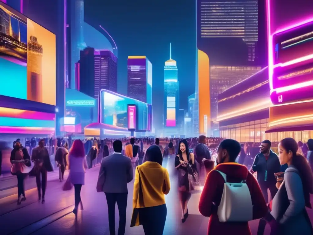 Ciudad nocturna con luces de neón y compras en línea Estrategias de inversión en comercio electrónico: Ciudad nocturna con rascacielos y personas comprando online