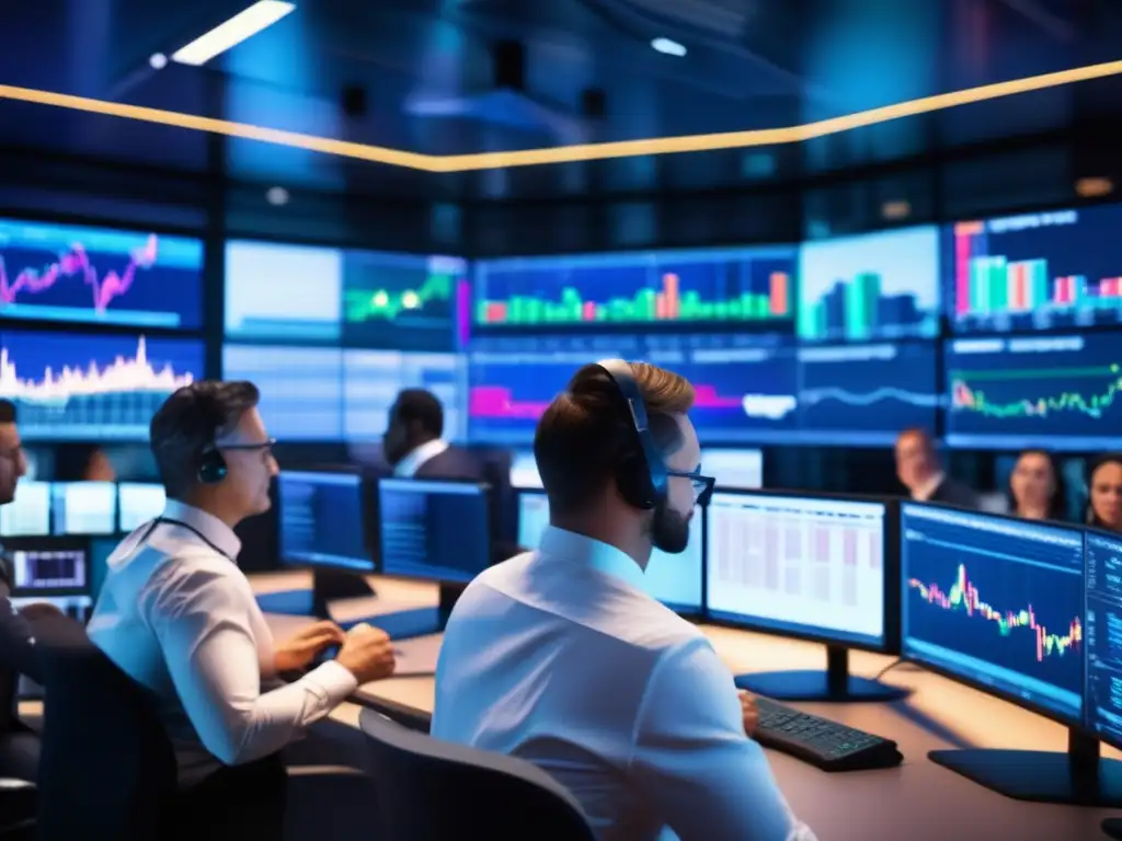 Trading floor con traders analizando datos y tomando decisiones Estrategias de inversión a corto plazo en un trading floor dinámico y profesional