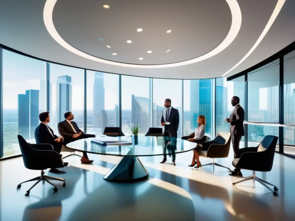 Reunión de trabajo en una oficina moderna Estrategias de inversión a corto plazo: Reunión en oficina moderna con profesionales analizando gráficos y proyectando en pantalla