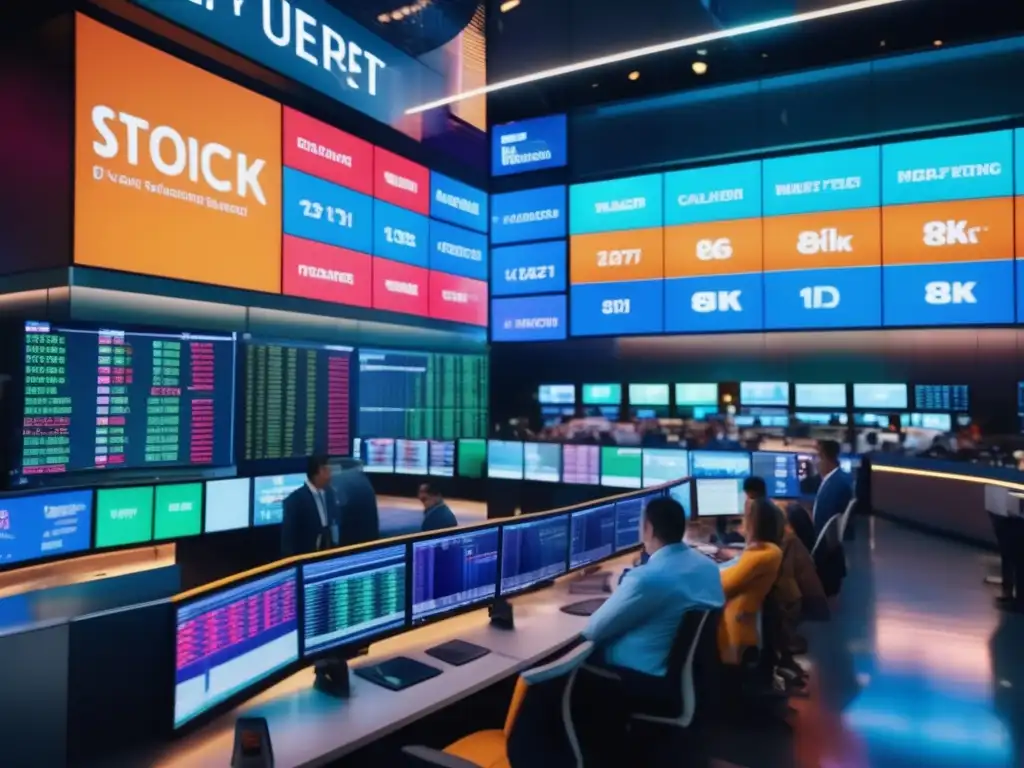 Traders en piso de bolsa con energía y color Estrategias de inversión a corto plazo en vibrante mercado bursátil con traders y monitores en arquitectura moderna