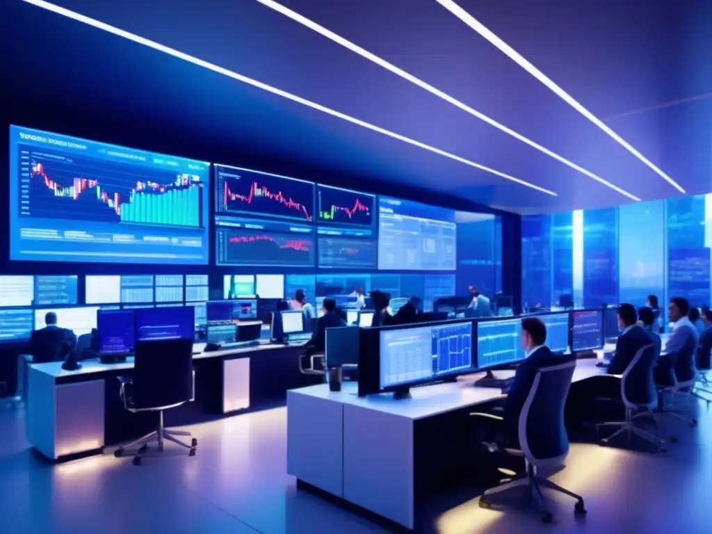 Traders en piso bursátil moderno Estrategias de inversión a corto plazo en una moderna sala de trading con traders analizando gráficos y tomando decisiones rápidas