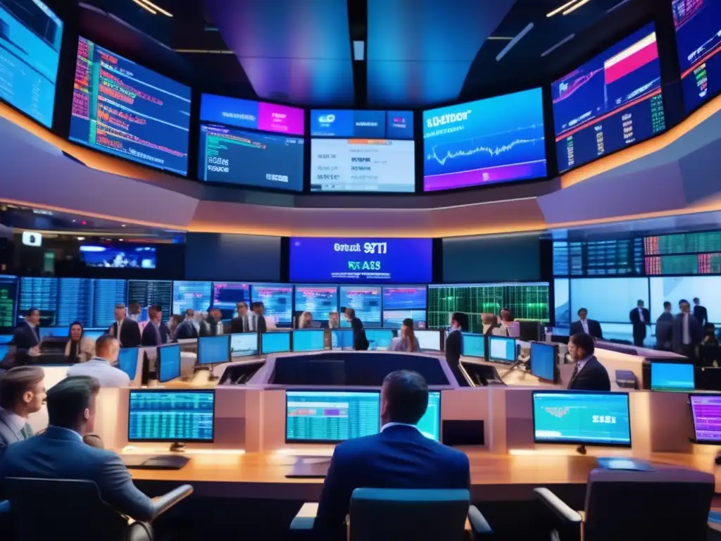 Mercado de valores: Traders, pantallas, decisiones Estrategias de inversión a corto plazo en vibrante mercado bursátil con traders y pantallas mostrando precios y gráficos