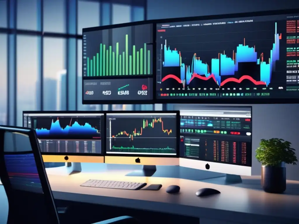 Escritorio de trading moderno con datos de mercado en tiempo real Estrategias de inversión a corto plazo en moderno escritorio de trading con pantallas de datos y gráficos en tiempo real