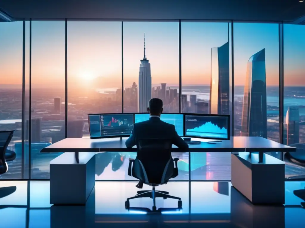 Oficina de inversión exitosa: moderna y sofisticada Estrategias de inversión a corto plazo en una moderna oficina con vista a la ciudad y un inversor analizando gráficos en un display holográfico