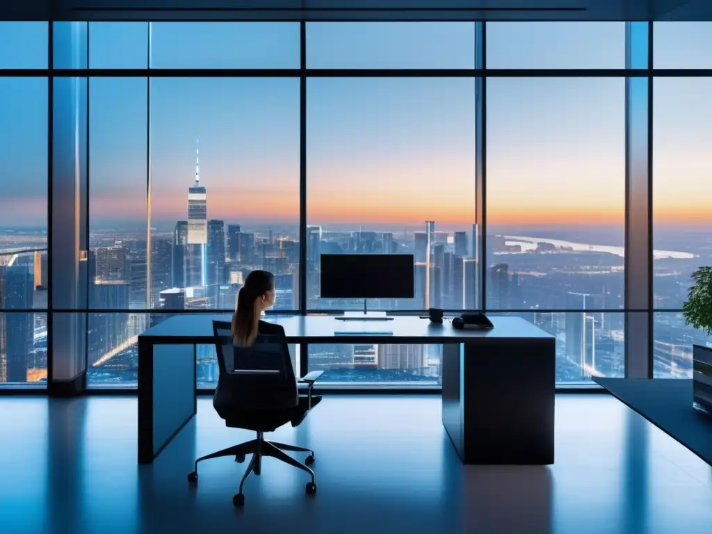 Oficina moderna con vista a la ciudad y tecnología avanzada Estrategias de inversión a corto plazo en moderna oficina con vista a la ciudad