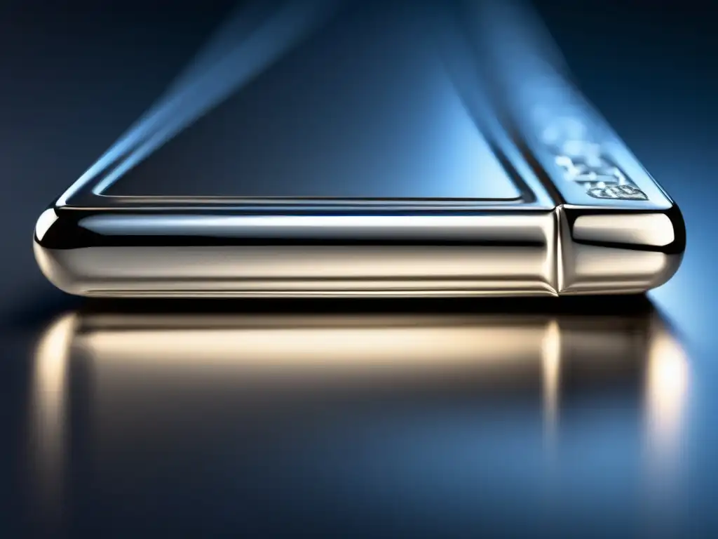 Detalle de barra de plata brillante Estrategias de inversión en criptomonedas: Detalle fascinante de una barra de plata brillante sobre un fondo futurista