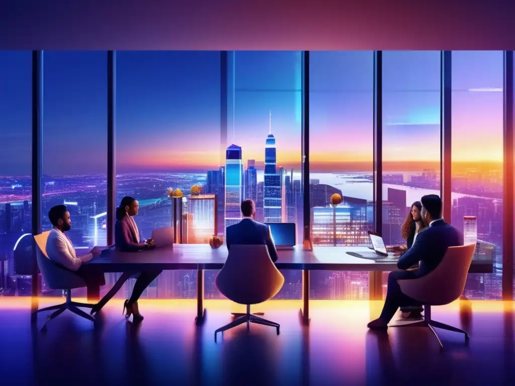 Ciudad moderna de noche con profesionales analizando datos Estrategias de inversión durante crisis en una ciudad con rascacielos iluminados y profesionales analizando gráficos