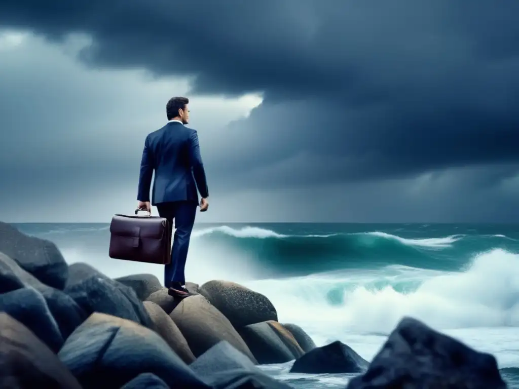 Empresario resiliente frente a la tormenta Estrategias de inversión en crisis económicas: hombre de negocios resiliente en un acantilado, mirando al mar tormentoso, trajeado y con maletín