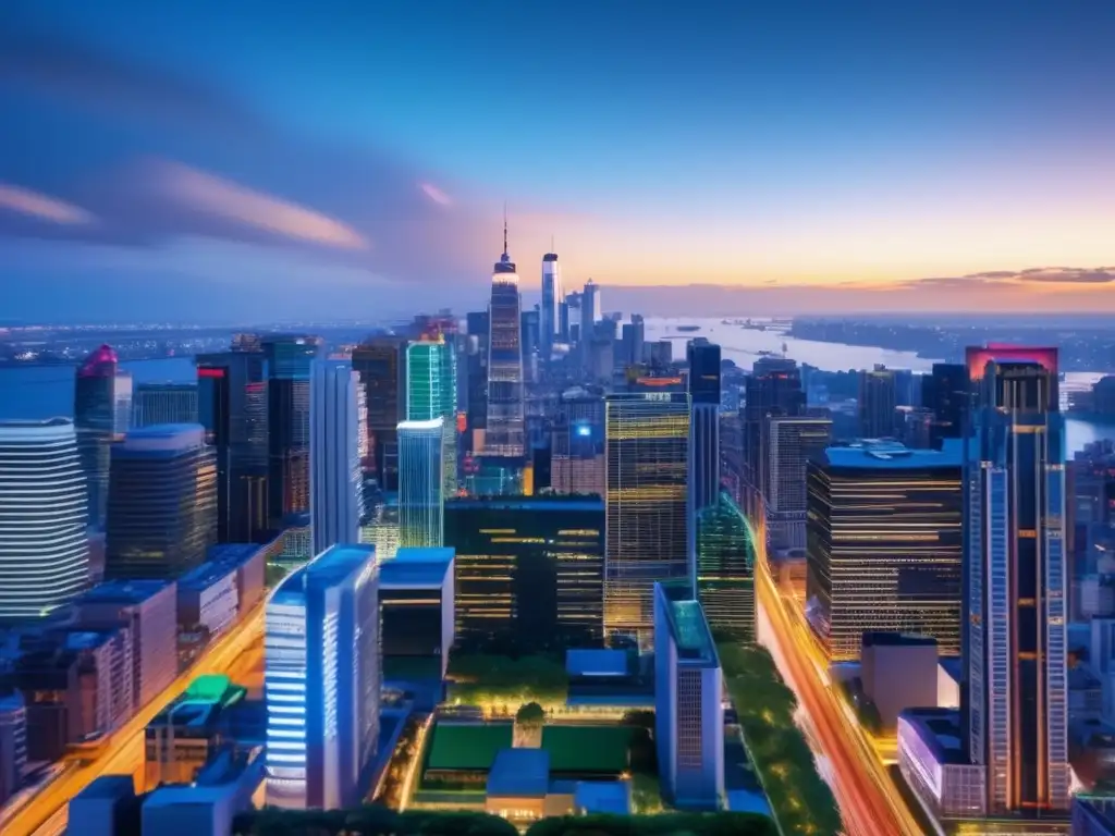 Skyline urbano vibrante en la noche Estrategias de inversión en crisis monetaria: Ciudad vibrante, arquitectura moderna y naturaleza se fusionan, capturando éxito y oportunidad