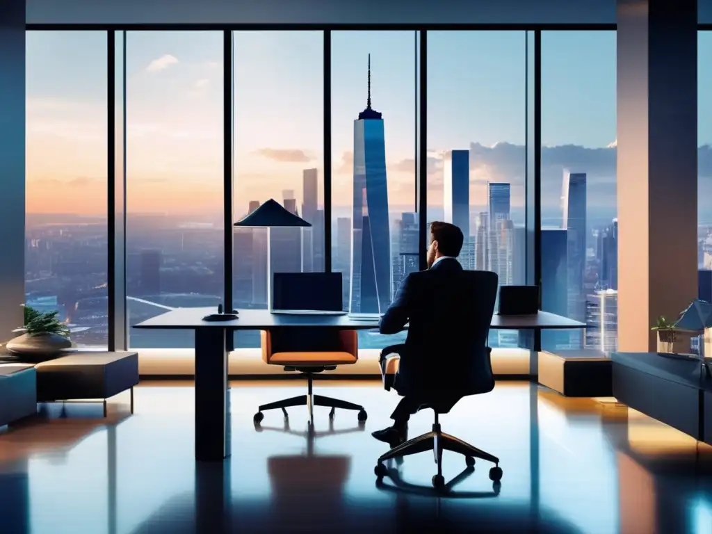 Oficina moderna con vista panorámica de la ciudad Estrategias de inversión durante crisis en una oficina moderna con vista panorámica de una ciudad bulliciosa
