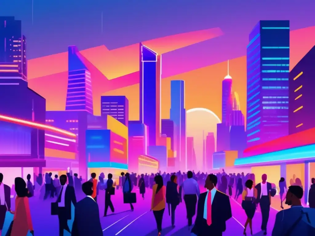 Ciudad vibrante y moderna al anochecer Estrategias de inversión durante crisis en una vibrante y moderna ciudad al atardecer, con rascacielos iluminados por luces de neón