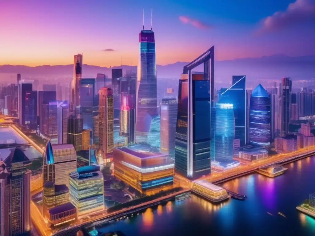 Ciudad nocturna multicultural y vibrante Estrategias inversión cultural diversa: ciudad moderna con rascacielos multicolores, gente diversa en discusiones, progreso