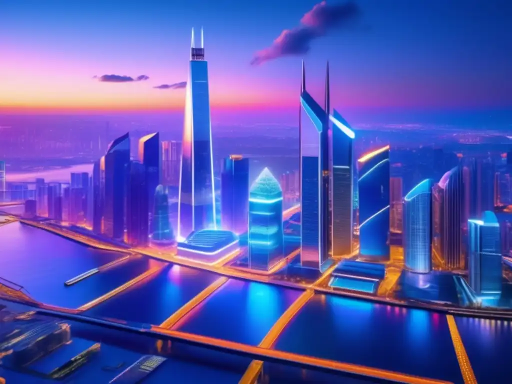 Futuro financiero diversificado Estrategias inversión diversificadas: Futurista ciudad con rascacielos y activos financieros