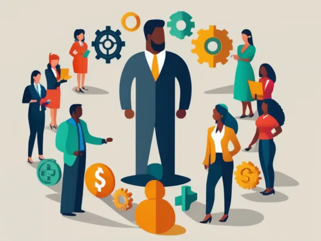 Diversidad de personas y conexiones Estrategias de inversión diversificadas: personas diversas en un círculo con iconos representando diferentes industrias y una red de conexiones