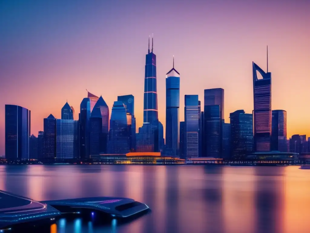 Moderna ciudad al atardecer: luces, rascacielos y éxito Estrategias de inversión en dividendos: Ciudad moderna al atardecer, rascacielos iluminados, éxito financiero