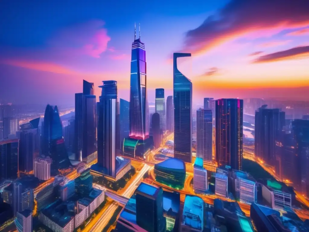 Ciudad moderna iluminada por luces vibrantes Estrategias de inversión en dividendos: ciudad moderna, rascacielos iluminados, ajetreo y prosperidad