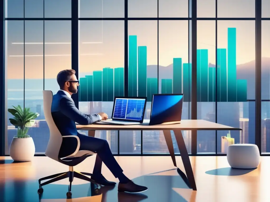 Inversionista exitoso analizando oportunidades Estrategias inversión exitosas: inversor analiza gráficos y datos, rodeado de tecnología y luz, vestido con elegancia y confianza
