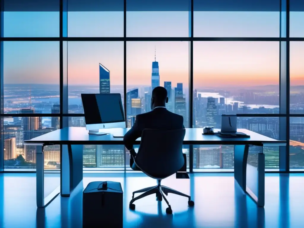 Oficina moderna con vista panorámica Estrategias de inversión exitosas en una oficina moderna y elegante con vista panorámica a la ciudad, una persona analiza oportunidades financieras