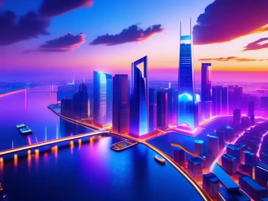 Futuro skyline urbano tecnológico y profesional Estrategias de inversión en flipping de criptomonedas en una ciudad futurista con profesionales analizando