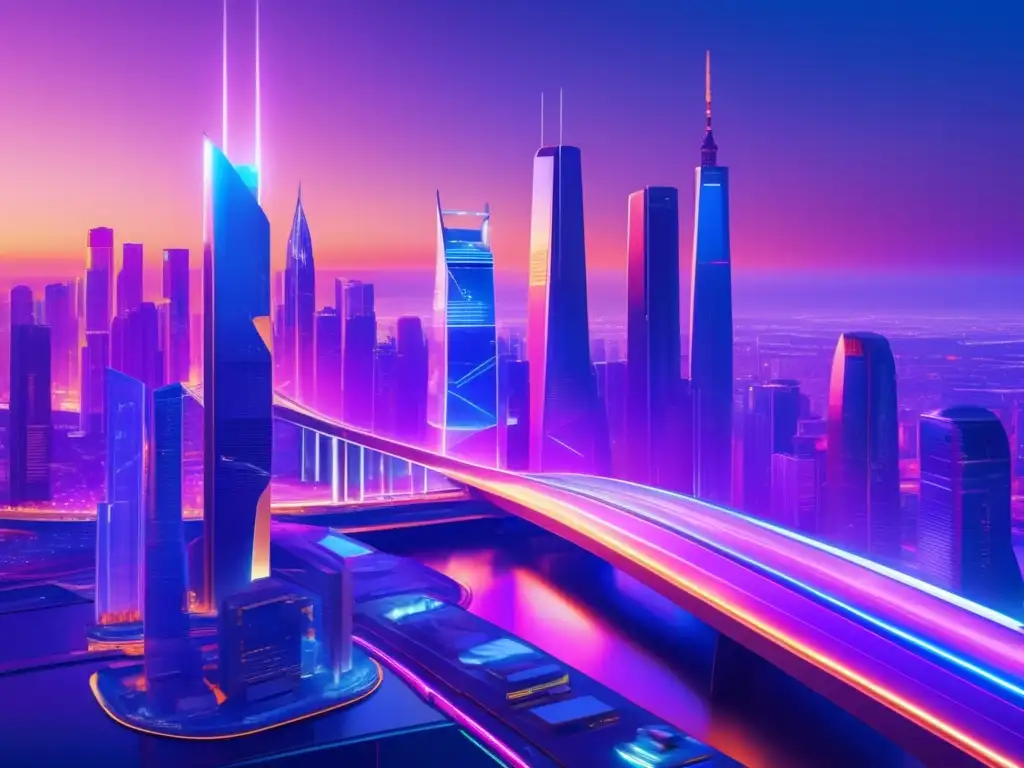 Futuro distópico con tecnología avanzada Estrategias de inversión en flipping de criptomonedas: Futurista ciudad con rascacielos de vidrio y acero, luces de neón y tecnología avanzada