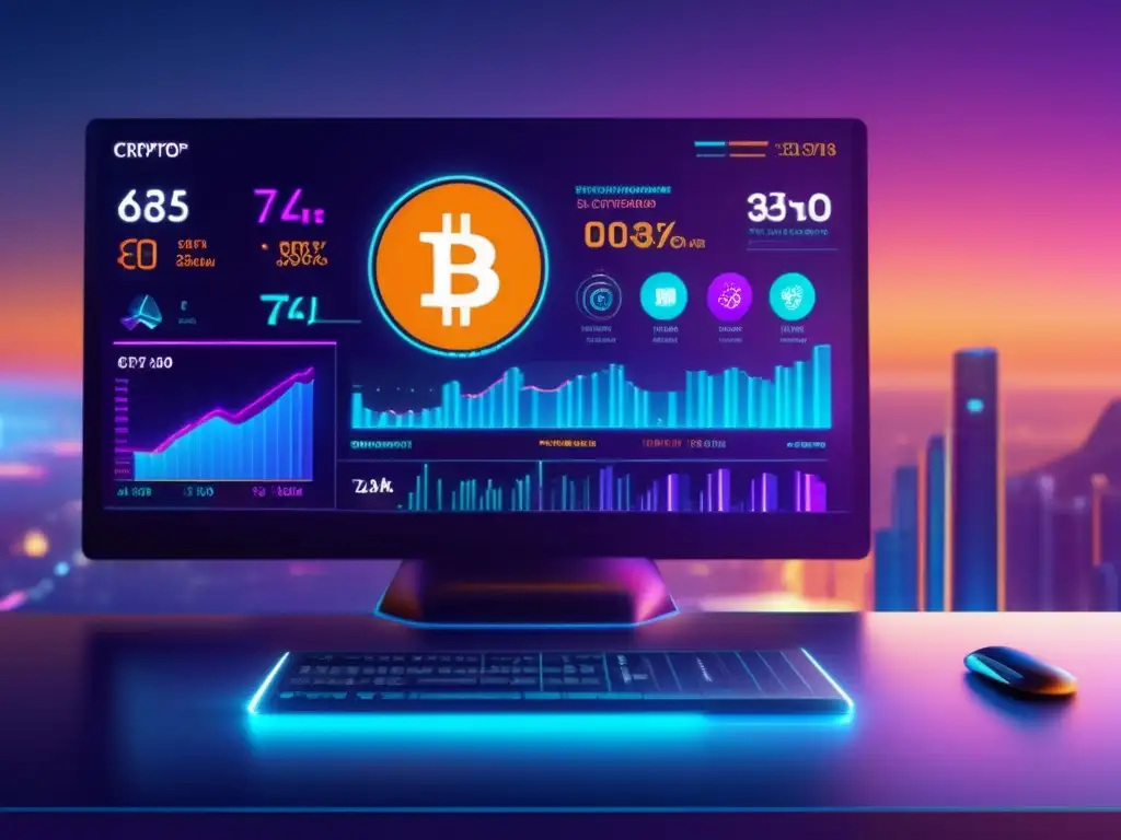 Dashboard cripto futurista Estrategias de inversión en flipping de criptomonedas en un panel digital futurista 8K, vibrante y dinámico