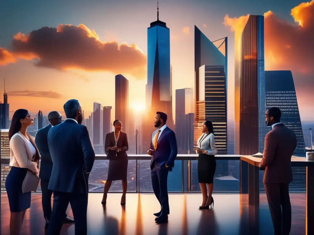 Ciudad moderna en crecimiento Estrategias inversión inmobiliaria crisis: Ciudad moderna, rascacielos, profesionales en discusión