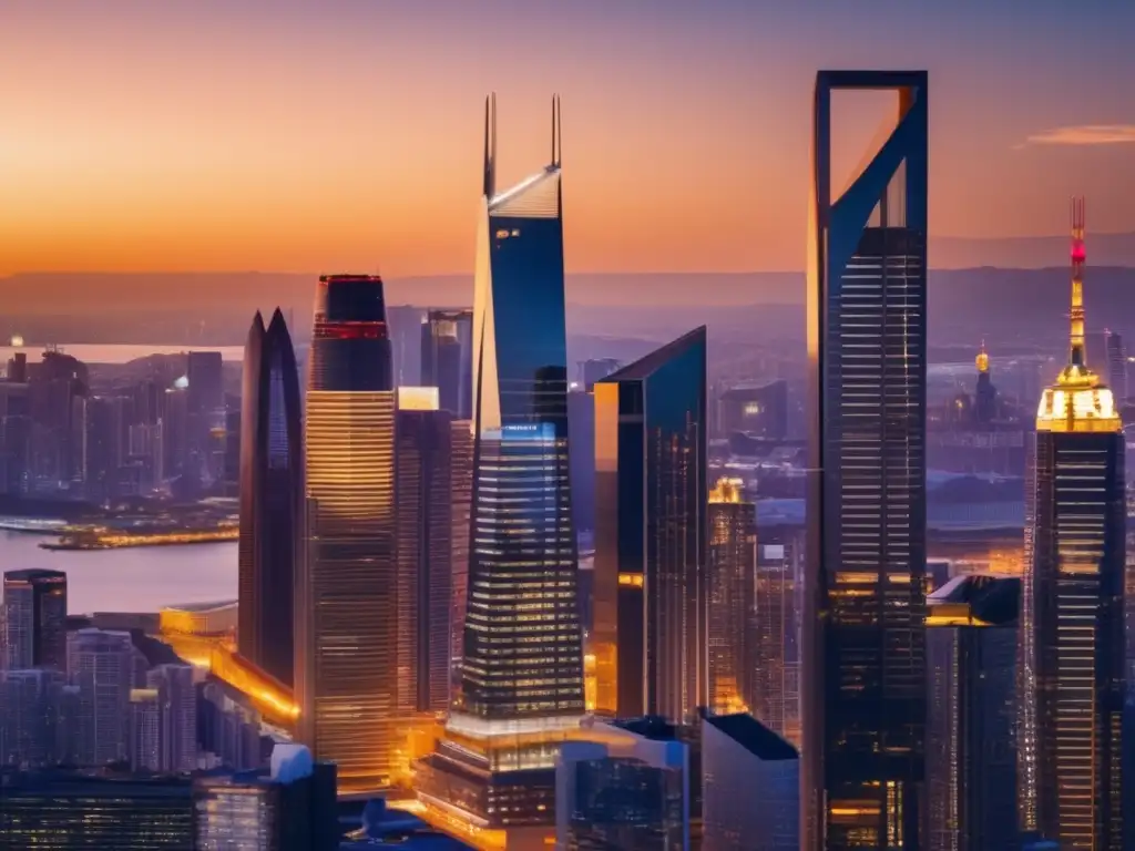 Ciudad moderna al atardecer, simbolizando progreso y oportunidad Estrategias inversión inmobiliaria en crisis: ciudad moderna al atardecer con rascacielos iluminados, simbolizando oportunidad y energía urbana