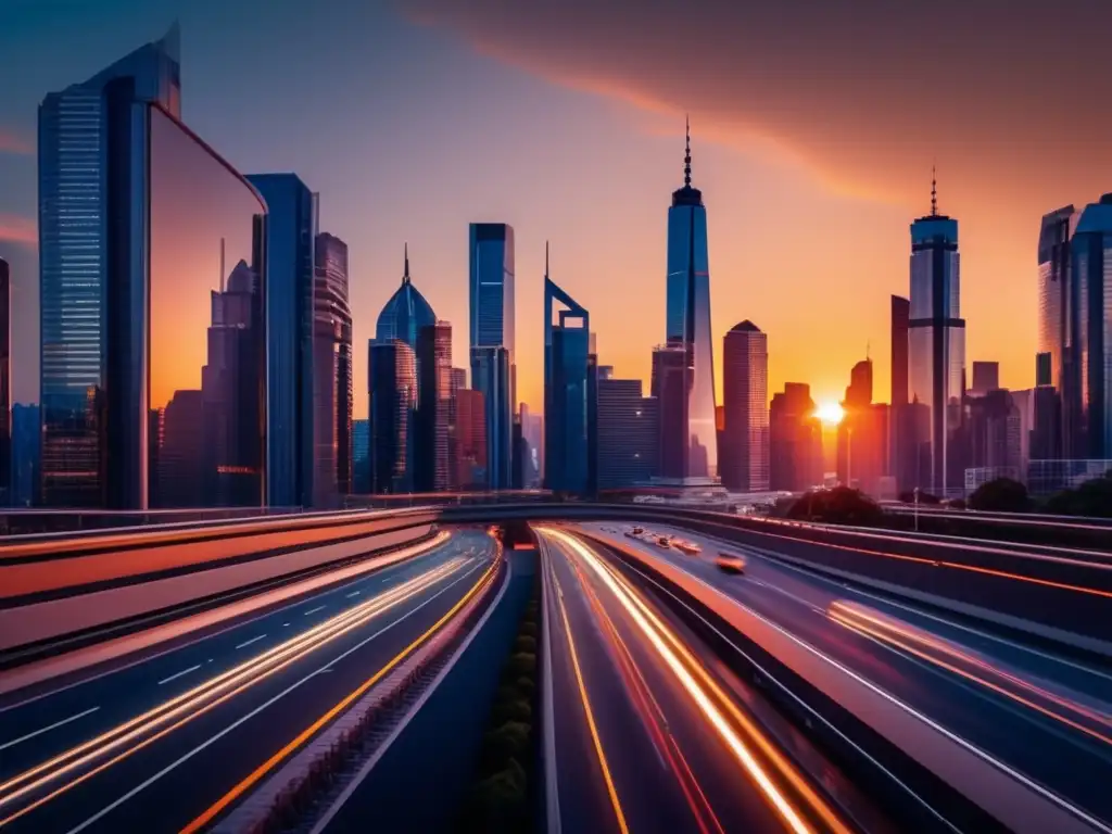 Ciudad moderna al atardecer: inversión inmobiliaria exitosa Estrategias de inversión en inmuebles: Ciudad moderna y vibrante al atardecer, con rascacielos reflejando los cálidos tonos del sol