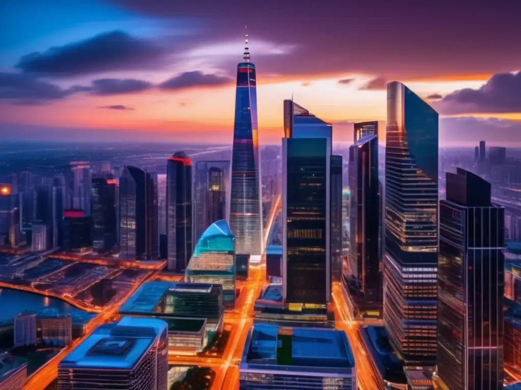 Ciudad moderna y vibrante al atardecer Estrategias de inversión en inmuebles: Ciudad moderna al atardecer, rascacielos, diversidad profesional y éxito