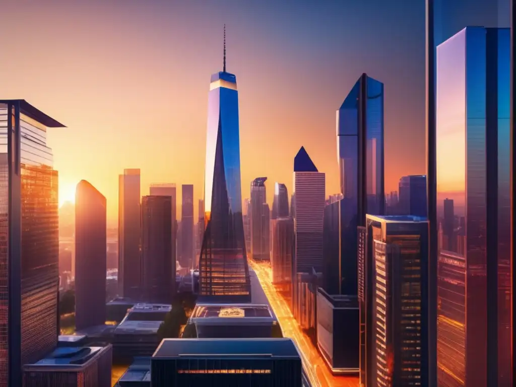 Ciudad moderna al atardecer Estrategias de inversión en inmuebles: ciudad moderna al atardecer, rascacielos de vidrio reflejando el sol, mercado inmobiliario en auge