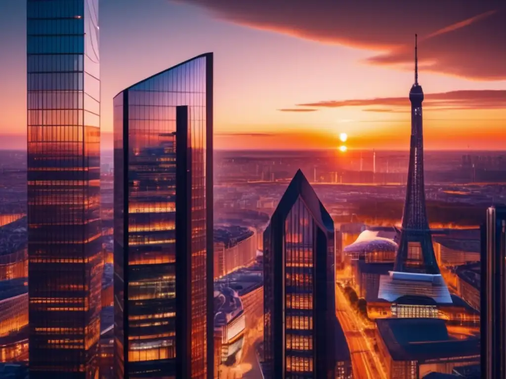 Ciudad europea moderna al atardecer Estrategias de inversión inteligente en Europa: ciudad europea moderna con rascacielos, diseño innovador y ambiente dinámico