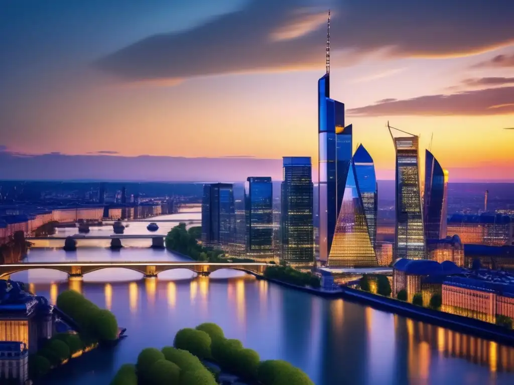 Ciudad europea moderna con rascacielos y parques Estrategias de inversión inteligente en Europa: ciudad moderna al atardecer con rascacielos de cristal reflejando el sol, rodeada de parques y un río