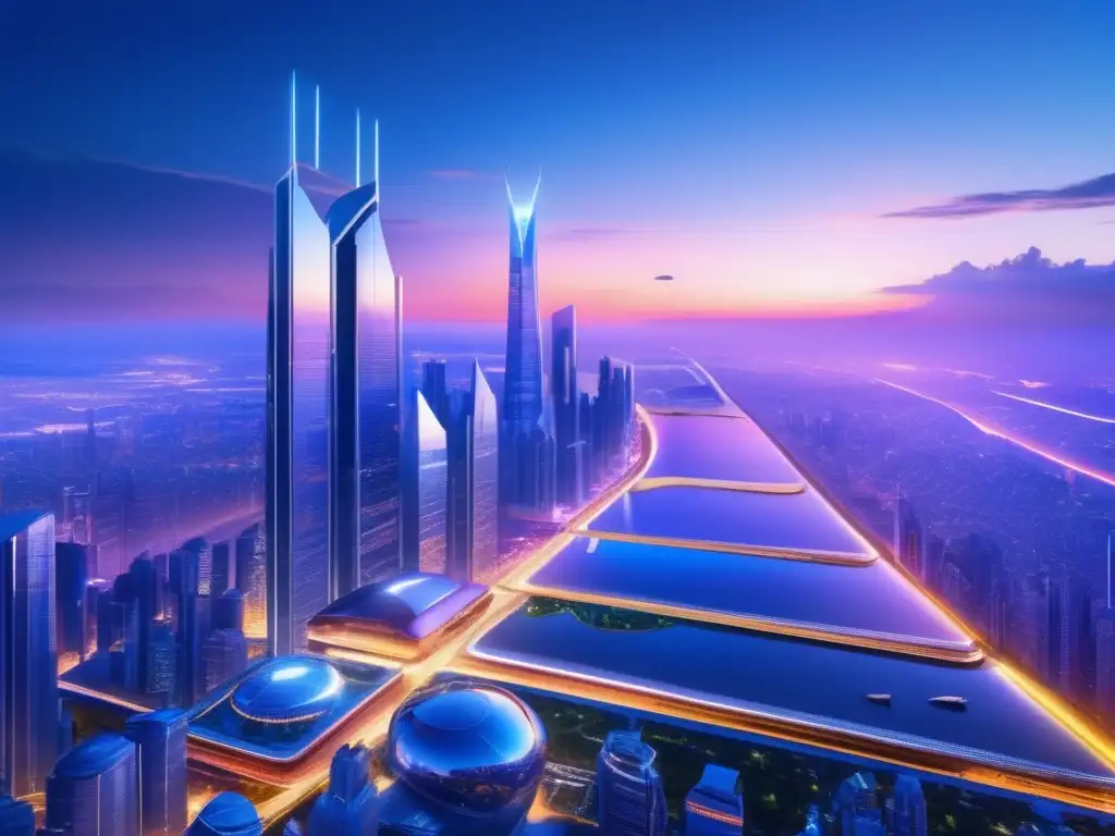 Futurista ciudad con rascacielos y personas discutiendo Estrategias de inversión con interés compuesto en una ciudad futurista, con rascacielos brillantes y transporte avanzado