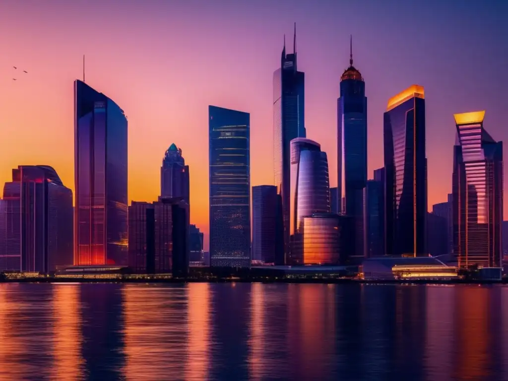 Ciudad moderna al atardecer Estrategias de inversión a largo plazo: Ciudad moderna al atardecer, rascacielos, luz y progreso