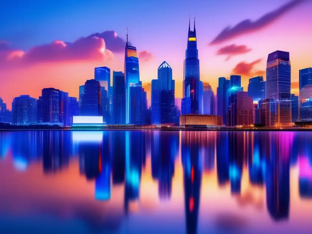 Ciudad moderna al atardecer Estrategias inversión a largo plazo: Ciudad moderna iluminada, rascacielos y río