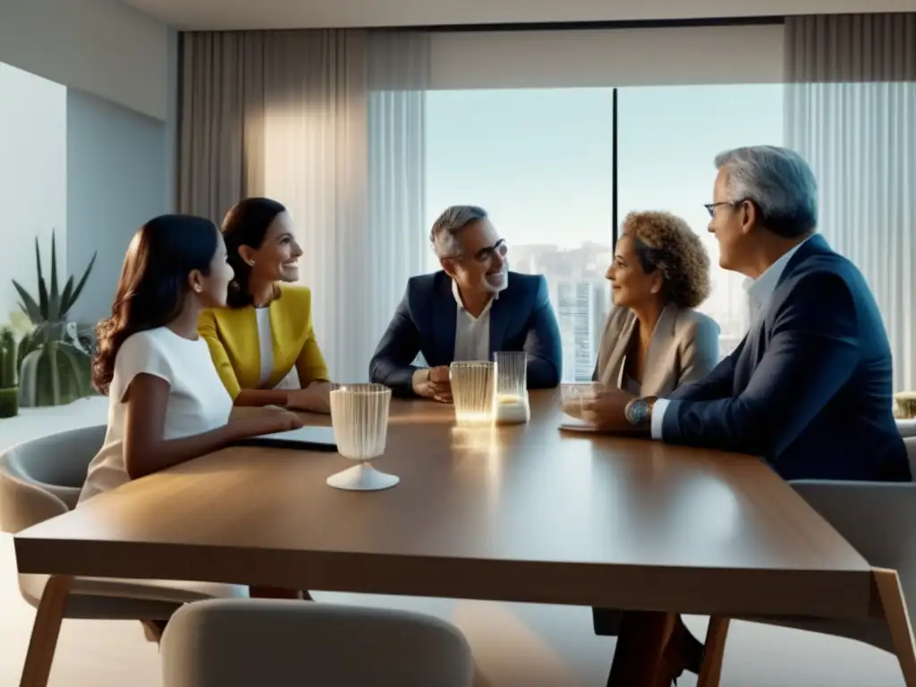 Familia discutiendo estrategias de inversión Estrategias de inversión a largo plazo: Familia reunida en una sala contemporánea, discutiendo sobre inversiones y legado financiero