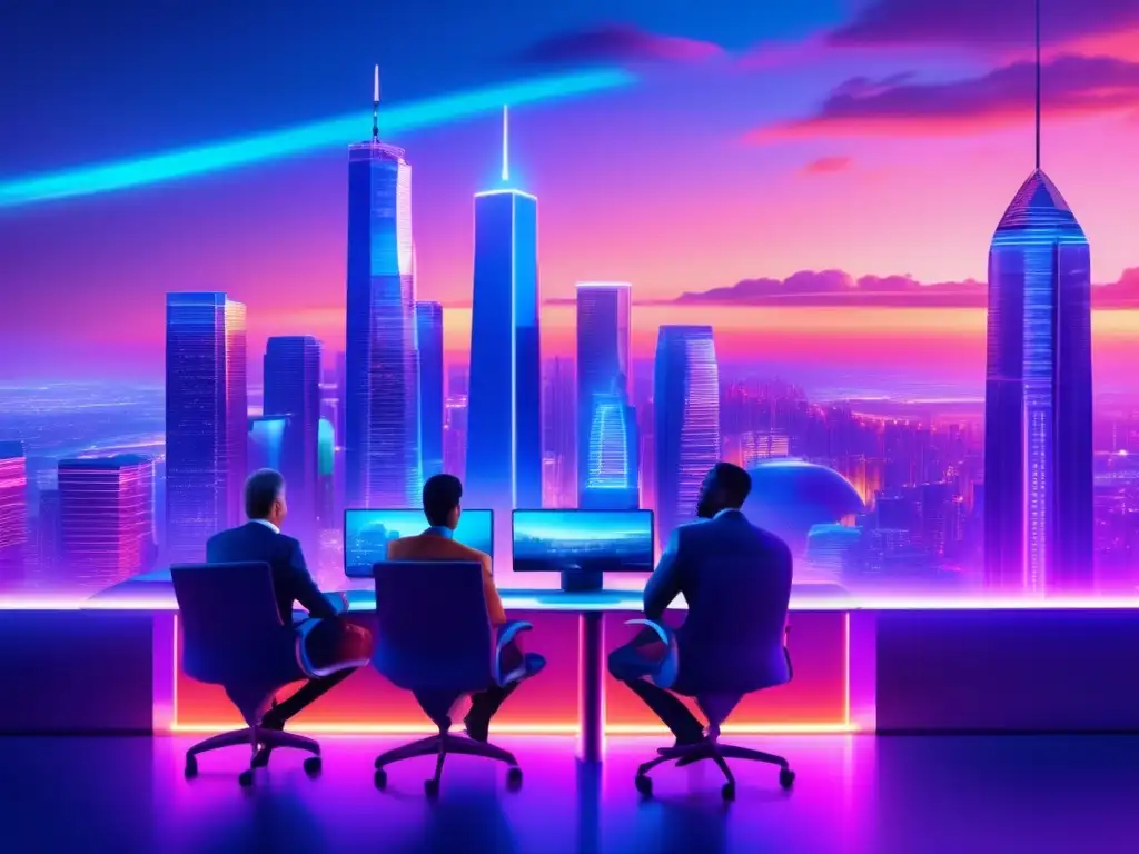 Inversiones a largo plazo y ciclos económicos Estrategias de inversión a largo plazo en una escena futurista de ciudad con profesionales discutiendo