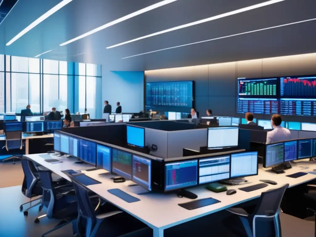 Traders en moderna sala de operaciones Estrategias de inversión a largo plazo bolsa en moderna sala de operaciones bursátiles con traders analizando datos y diversificando portfolios