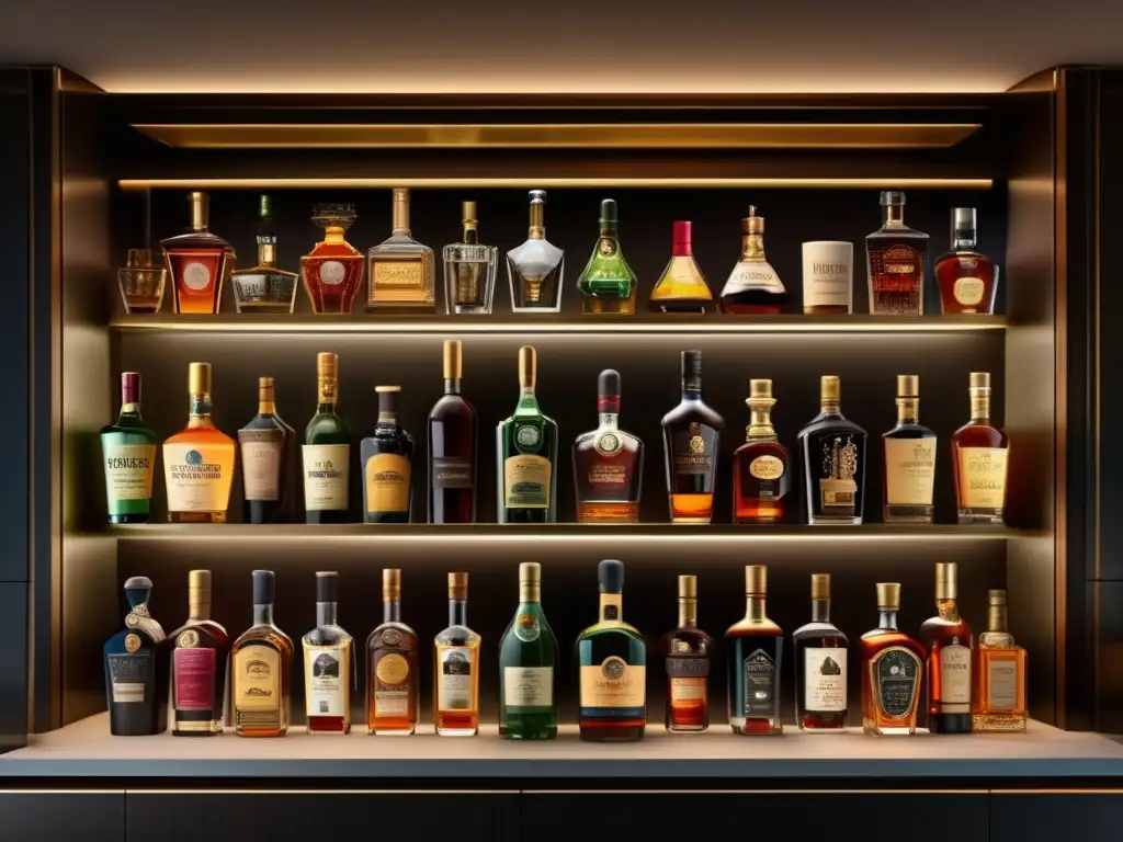 Exclusiva colección de licores en vitrina Estrategias inversión licores exclusivos: colección impresionante botellas licor, diseño único, calidad y rareza en imagen 8K