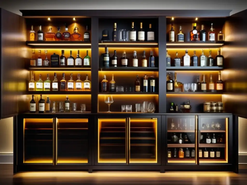 Elegante y diversa colección de licores Estrategias inversión licores exclusivos: una elegante colección diversa de licores exclusivos en un mueble de madera oscura